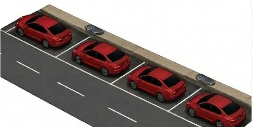 Illustration of cars parked in marked kerbside bays, with sensors along the kerb